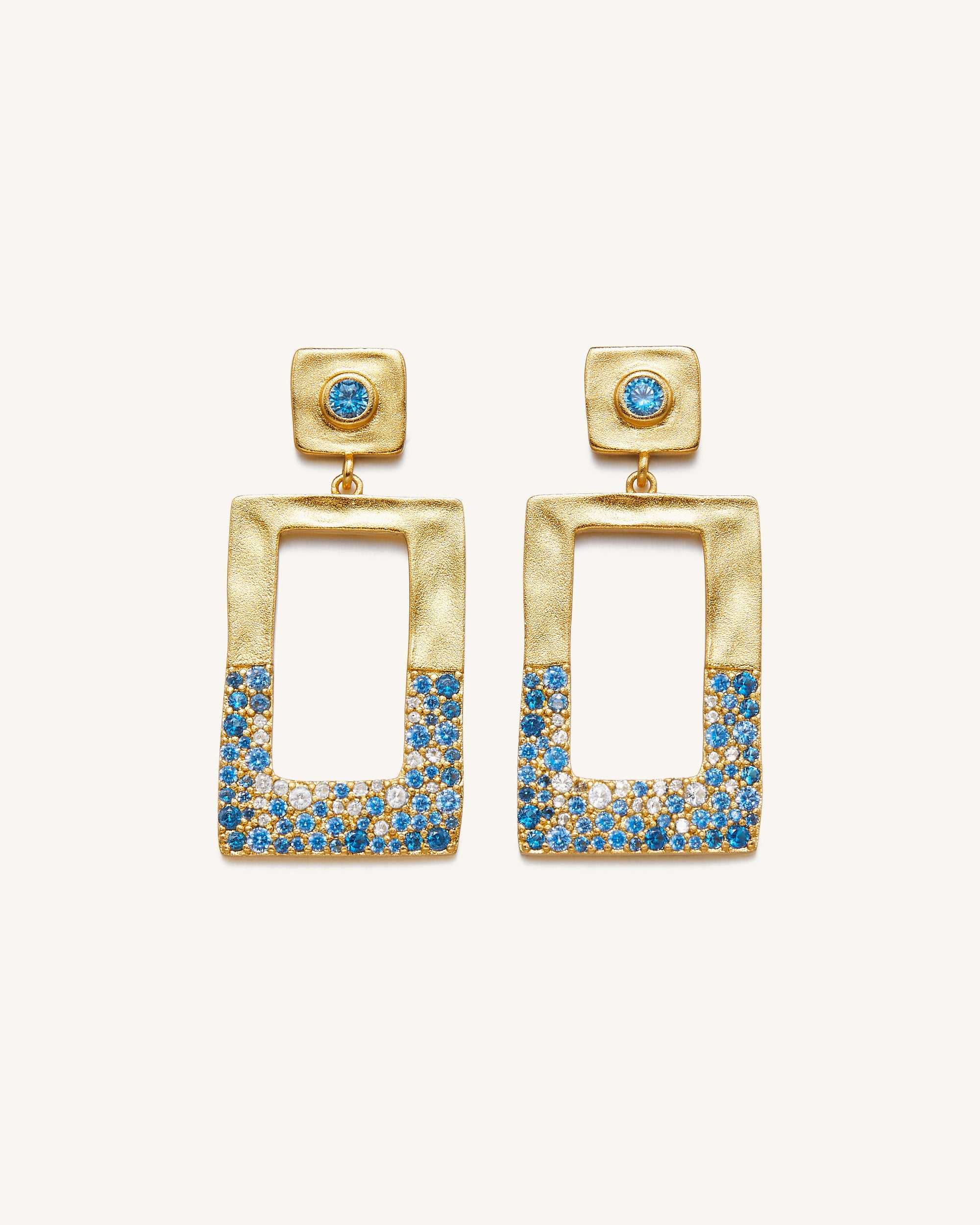 Geometrical Openwork Rectangle Earrings - 18ct Gold Plated & Sea Blue Nano