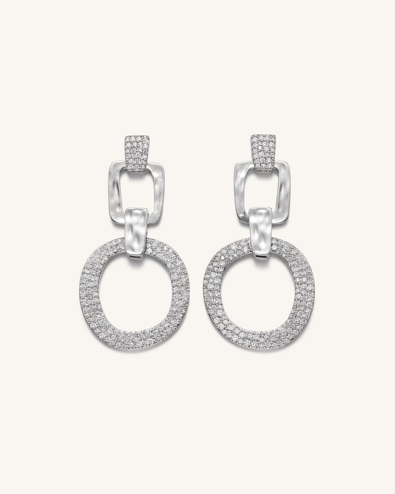 Geometrical Openwork Round Earrings - 18ct White Gold Plated & White Zircon