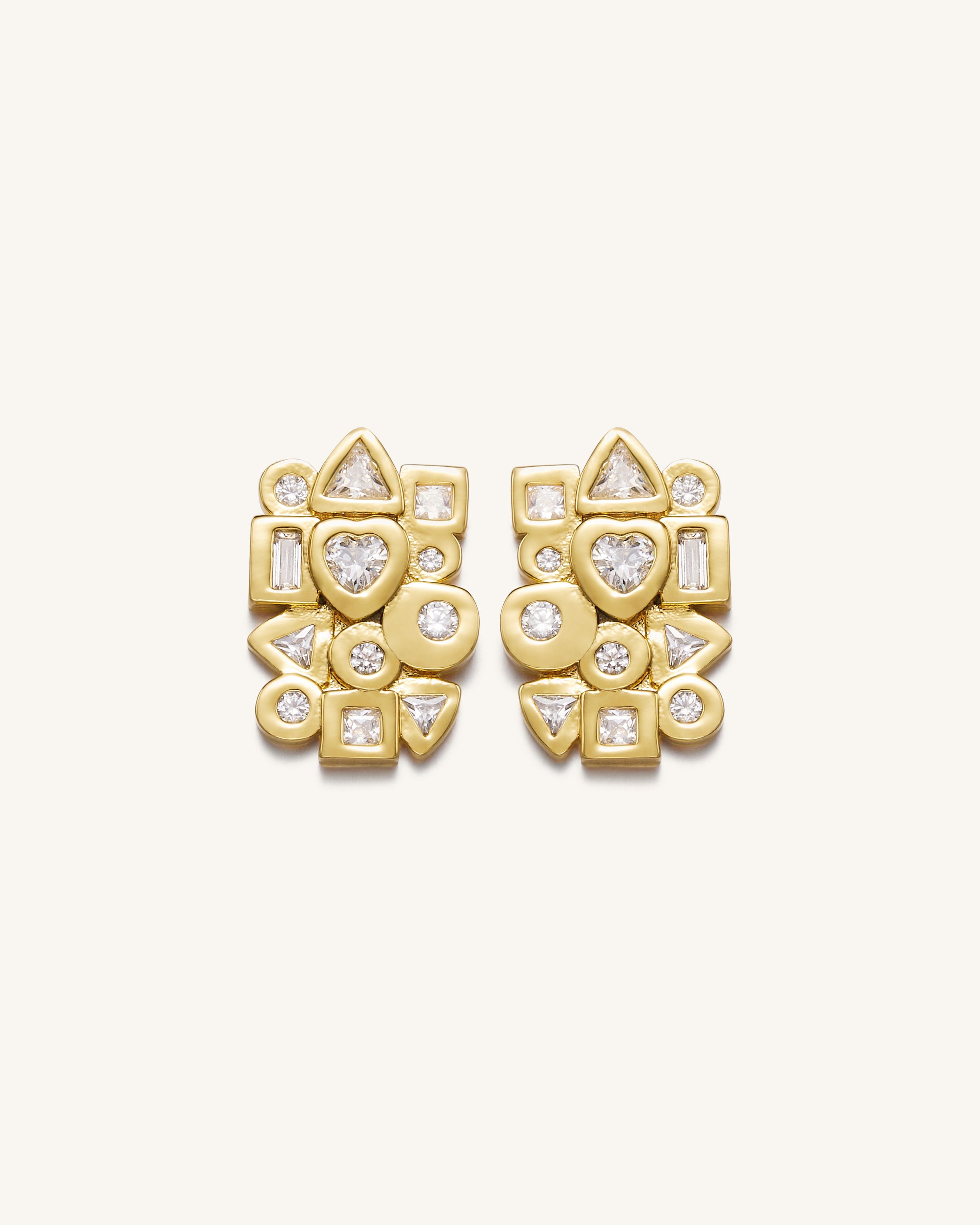 Geometrical Combination Earrings - 18ct Gold Plated & White Zircon