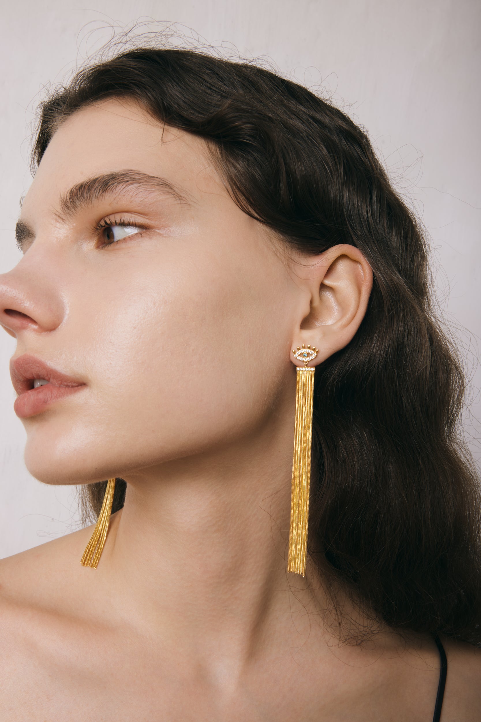 Magic Eye Tassel Earrings - 18ct Gold Plated & White Zircon & Sea Blue Zircon